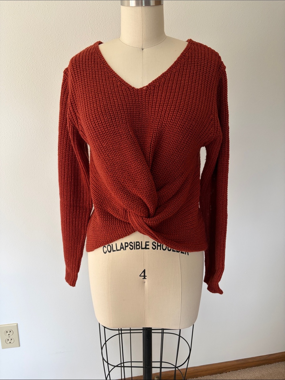 Twist-Front V-Neck Sweater in Rusty Red